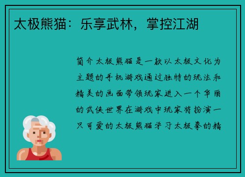 太极熊猫：乐享武林，掌控江湖