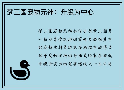 梦三国宠物元神：升级为中心